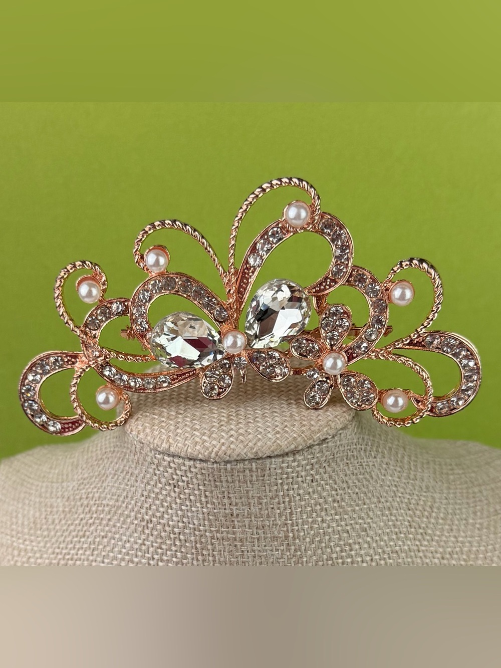 Rose Gold Rhinestone & Pearl Vintage-Inspired Hair Tiara Bridal & Evening
